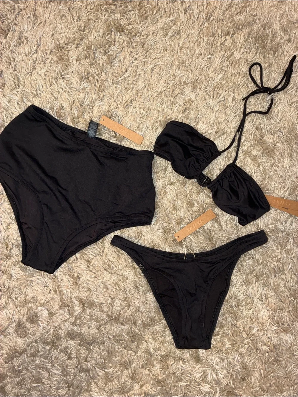 Skims Women's Black 3-Piece Bikini Set - High Waist & Triangle Top